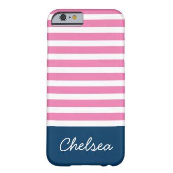 Stylish Pink Stripes Blue Name Barely There Iphone 6 Case by DoodlesGiftShop at Zazzle