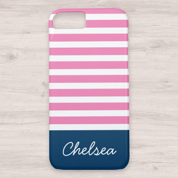 Stylish Pink Stripes Blue Name Iphone 8/7 Case by DoodlesGiftShop at Zazzle