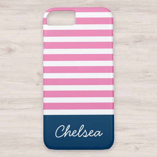 Stylish Pink Stripes Blue Name iPhone 87 Case