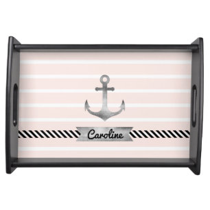 Stylish Pink Stripes Gray Anchor Personalized Serving Tray