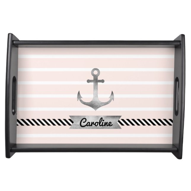 Stylish Pink Stripes Gray Anchor Personalized Serving Tray (Front)