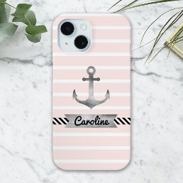 Stylish Pink Stripes Watercolor Anchor Custom iPhone 15 Case