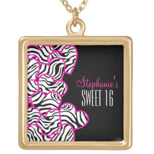 Stylish Pink Sweet 16 Zebra Heart Design Name Gold Plated Necklace