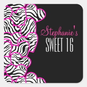 Stylish Pink Sweet 16 Zebra Heart Design Name Square Sticker