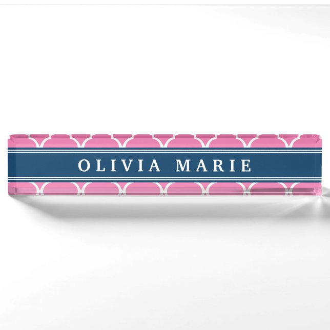 Stylish Pink Trellis Pattern Navy Blue Nameplate (Front)