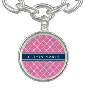 Stylish Pink Trellis Pattern Navy Blue Nameplate Charm Bracelet