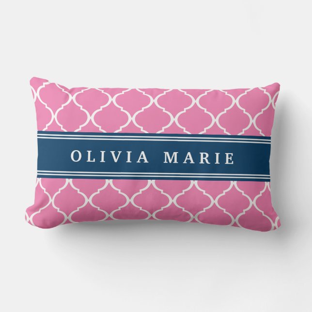 Stylish Pink Trellis Pattern Navy Blue Nameplate Lumbar Pillow (Front)