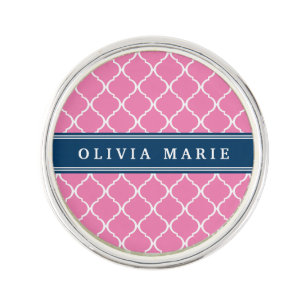 Stylish Pink Trellis Pattern Navy Blue Nameplate Pin