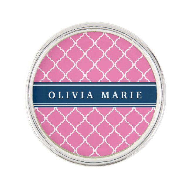 Stylish Pink Trellis Pattern Navy Blue Nameplate Pin (Front)