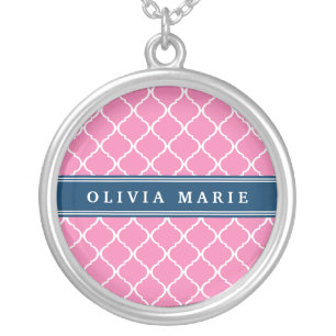 Stylish Pink Trellis Pattern Navy Blue Nameplate Silver Plated Necklace