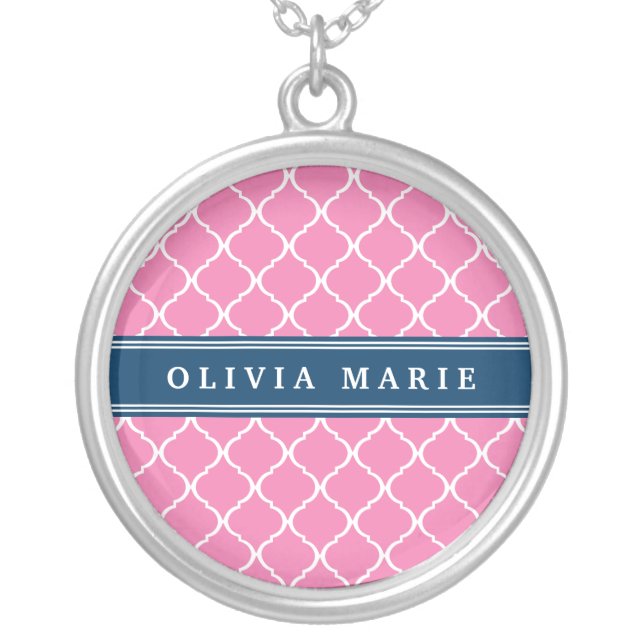 Stylish Pink Trellis Pattern Navy Blue Nameplate Silver Plated Necklace (Front)