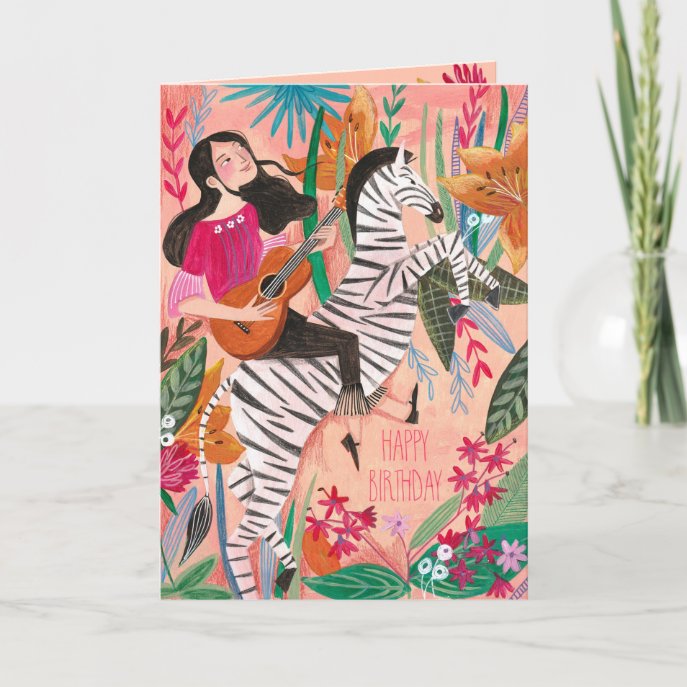Stylish pink tropical zebra girly Happy Birthday Card