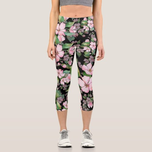 Stylish Pink Watercolor Floral Modern Chic Pattern Capri Leggings