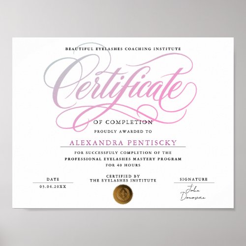 Stylish Pink White Beauty Salon Course Certificate Poster