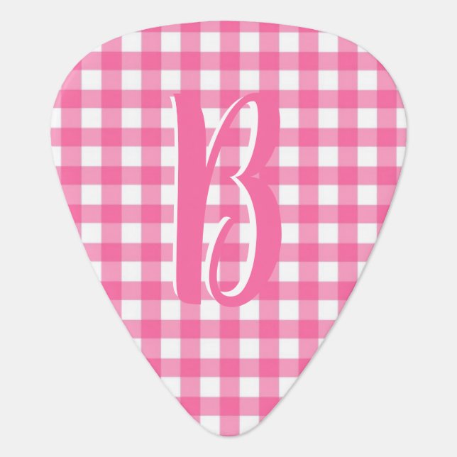 Stylish Pink White Gingham Checker Monogram Custom Guitar Pick (Front)