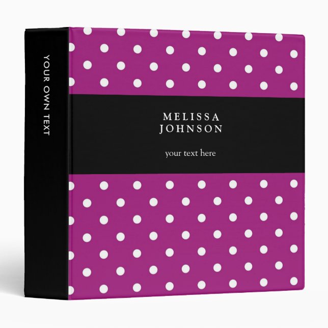 Stylish Pink & white polka dots black personalized 3 Ring Binder (Front/Spine)