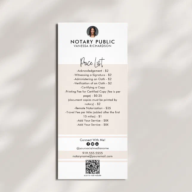 Stylish Pink & White QR Code Notary Price List Rack Card Zazzle