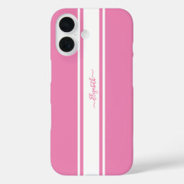 Stylish Pink White Racing Stripes Monogrammed Chic iPhone 16 Case