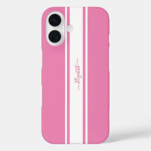 Stylish Pink White Racing Stripes Monogrammed Chic iPhone 16 Case