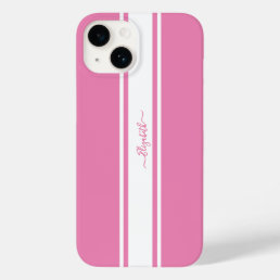 Stylish Pink White Racing Stripes Monogrammed Chic Case-Mate iPhone 14 Case