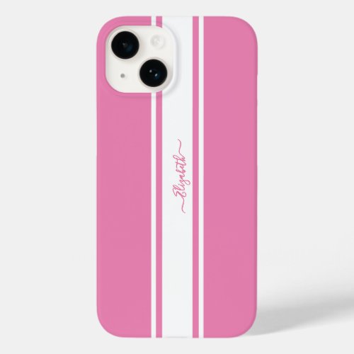 Stylish Pink White Racing Stripes Monogrammed Chic Case_Mate iPhone 14 Case