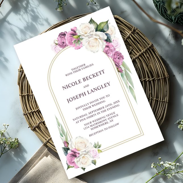 Stylish Pink White Rose Floral Arch Wedding Invitation (Creator Uploaded)