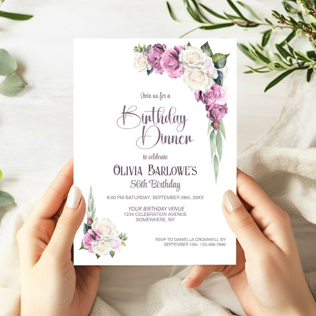 Stylish Pink White Rose Floral Birthday Dinner Invitation (Creator Uploaded)