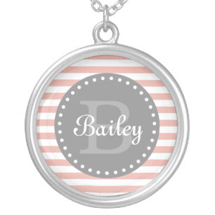 Stylish Pink White Stripes Pattern and Monogram Silver Plated Necklace