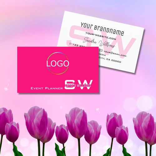 Stylish Pink White with Monogram and Logo Simple Business Card
