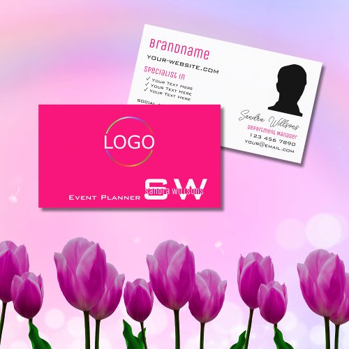 Stylish Pink White with Monogram Logo and Photo Business Card