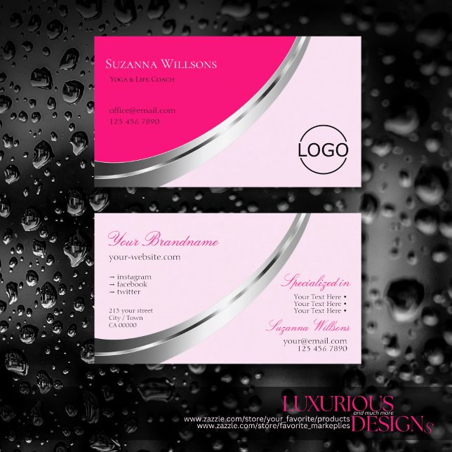 Stylish Pink with Silver Decor and Logo Modern Business Card (Creator Uploaded)