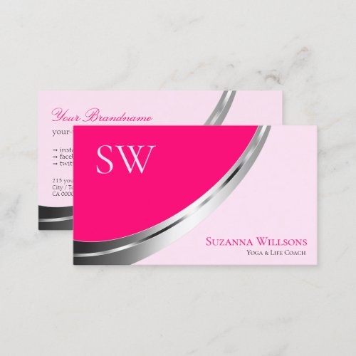 Stylish Pink with Silver Decor and Monogram Modern Business Card