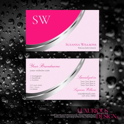 Stylish Pink with Silver Decor and Monogram Modern Business Card