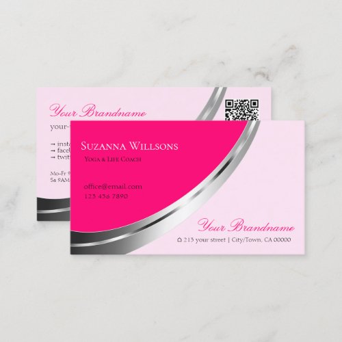 Stylish Pink with Silver Decor and QR_Code Modern Business Card