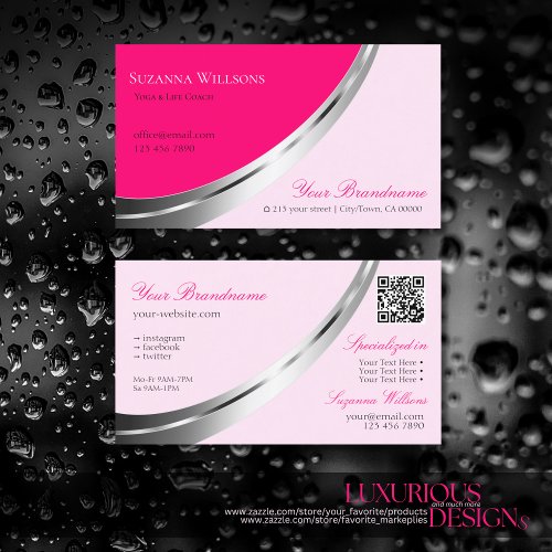 Stylish Pink with Silver Decor and QR_Code Modern Business Card