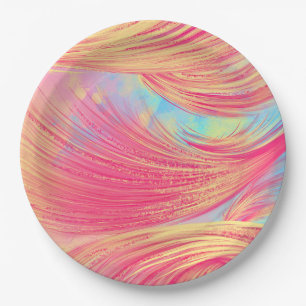 Stylish Pink Yellow Abstract Feathers  Paper Plates