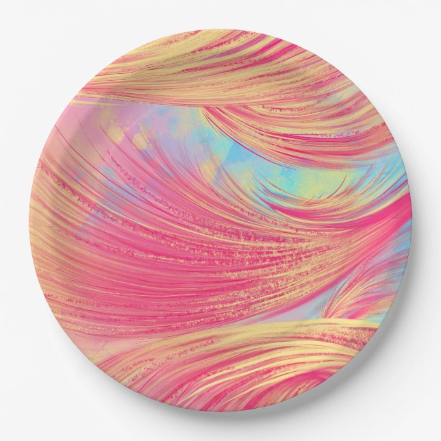 Stylish Pink Yellow Abstract Feathers  Paper Plates (Front)