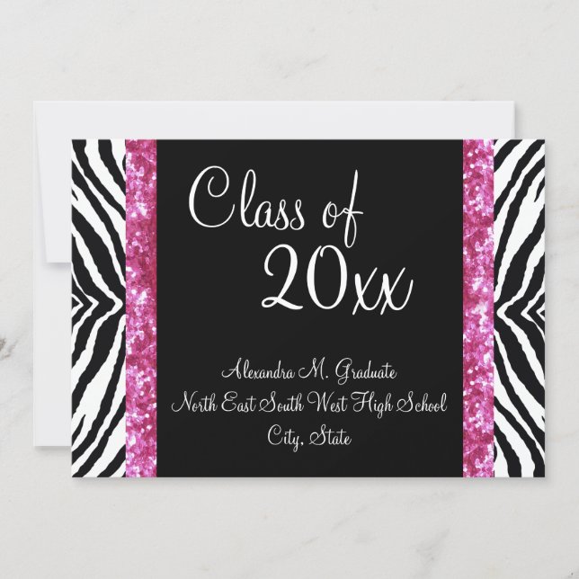 Stylish Pink Zebra Feminine Graduation Invite (Front)