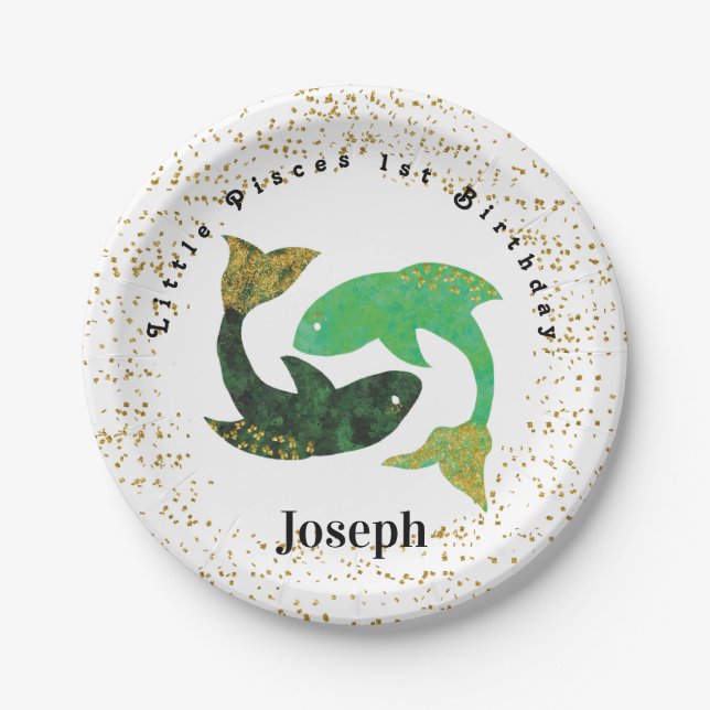 Stylish Pisces 1st Birthday & Gold Confetti Paper Plates (Front)