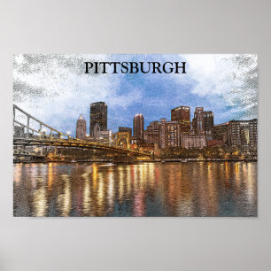 Stylish Pittsburgh Cityscape Watercolor Cityscape Poster