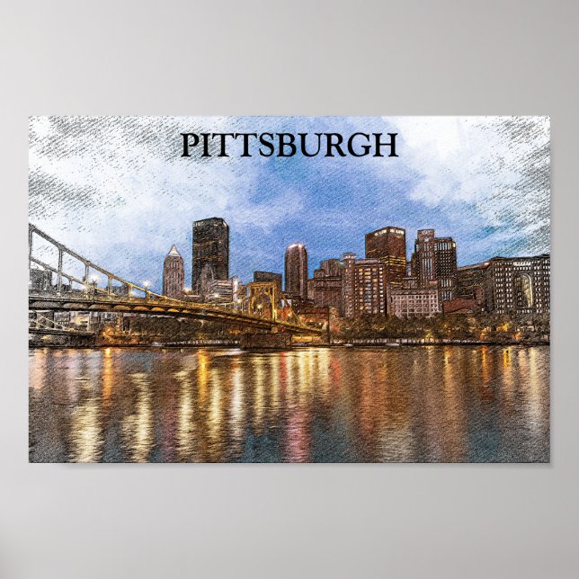Stylish Pittsburgh Cityscape Watercolor Cityscape  Poster (Front)