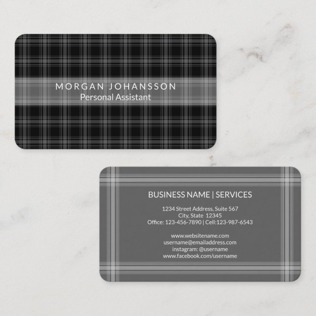 Stylish Plaid Pattern Unique Black, White and Gray Business Card (Front/Back)