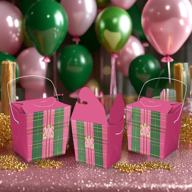 Stylish Plaid Pink and Green Gold Crest  Favor Boxes (Beautiful Festive Pink and Green Plaid Monogrammed Favor Boxes )