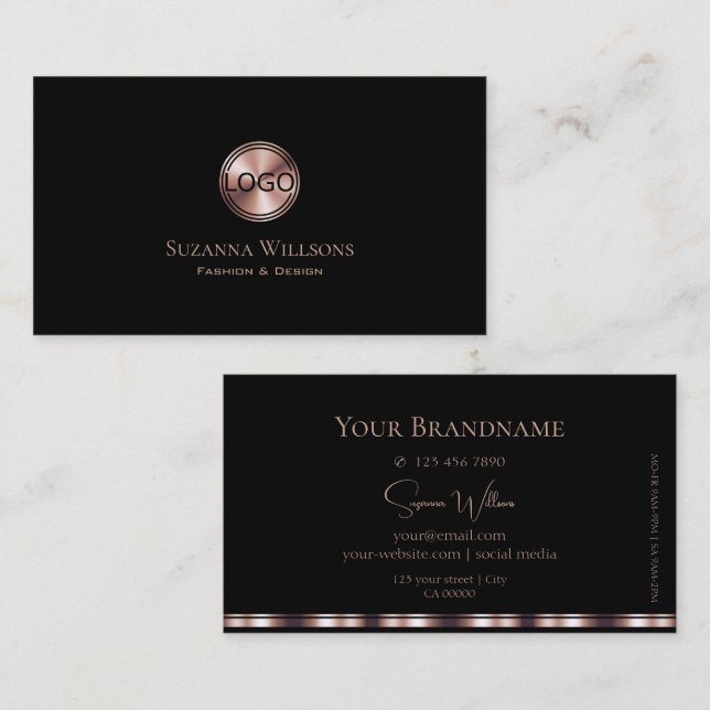 Stylish Plain Black and Rose Gold Circle with Logo Business Card (Front/Back)