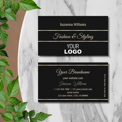 Stylish Plain Black Golden Stripes Chic with Logo Business Card