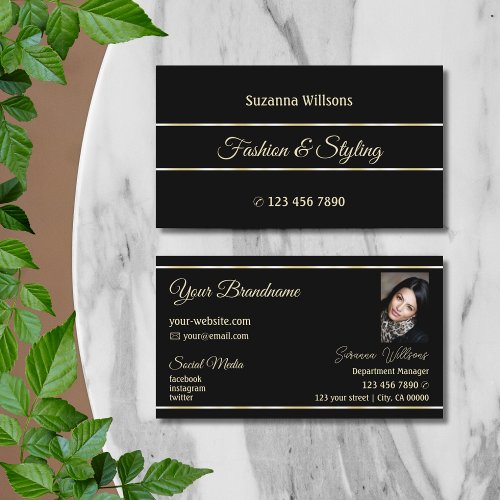 Stylish Plain Black Golden Stripes Chic with Photo Business Card