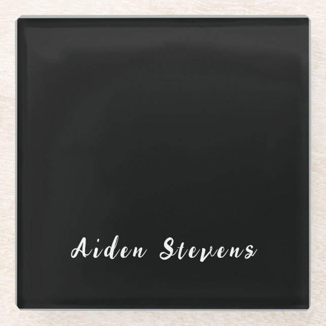 Stylish Plain Black & White Minimalist Add Name Glass Coaster (Front)