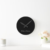 Stylish Plain Black & White Minimalist Add Name Round Clock (Home)