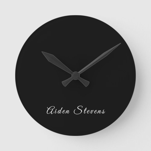 Stylish Plain Black  White Minimalist Add Name Round Clock