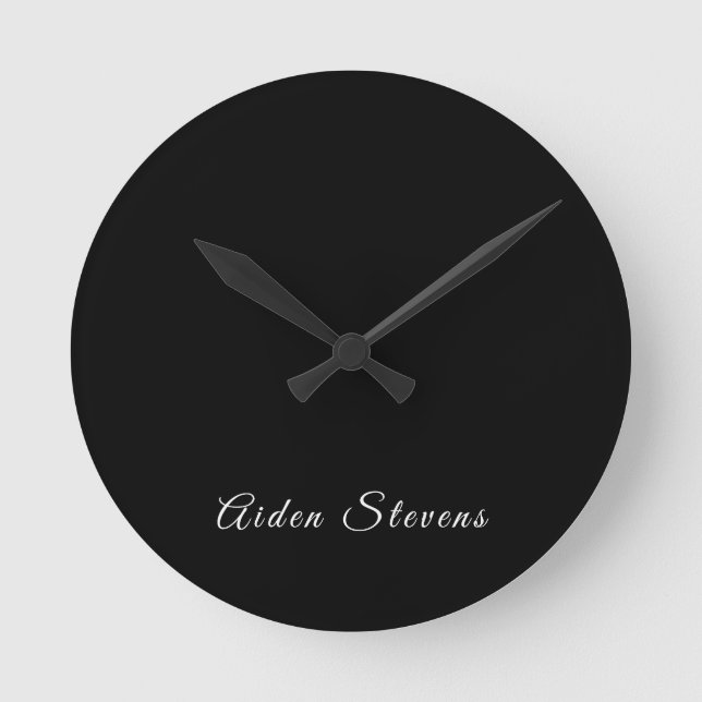 Stylish Plain Black & White Minimalist Add Name Round Clock (Front)
